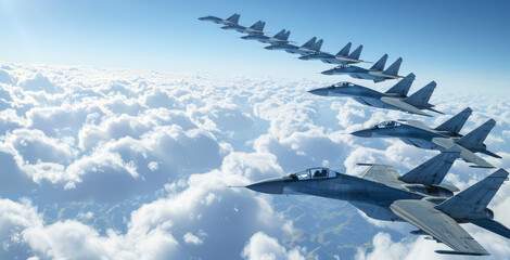 Wireframe fighter squadron in formation, cloud level, sharp turns, sleek silver and blue lines, clear blue sky, detailed - obrazy, fototapety, plakaty