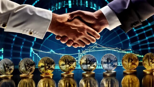 A conceptual image of a firm handshake above a line of rising and falling Bitcoin coins against a stock market backdrop.. AI Generation