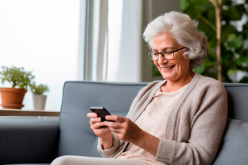 Elderly woman with silver hair, smiling while using a smartphone on a home sofa.