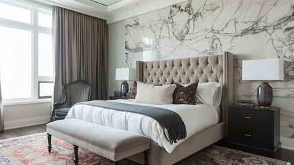Design a bedroom featuring a faux marble accent wall, serving as a backdrop for a luxurious upholstered headboard.