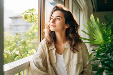 A serene young woman in casual attire, enjoying a peaceful moment while leaning on a balcony railing, surrounded by greenery and morning light.