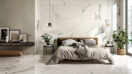 Design a bedroom featuring faux marble texture elements, adding a touch of elegance to the space.