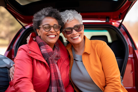 A joyful senior lesbian couple packing their car for a road trip, sharing a moment of happiness and companionship. - Powered by Adobe