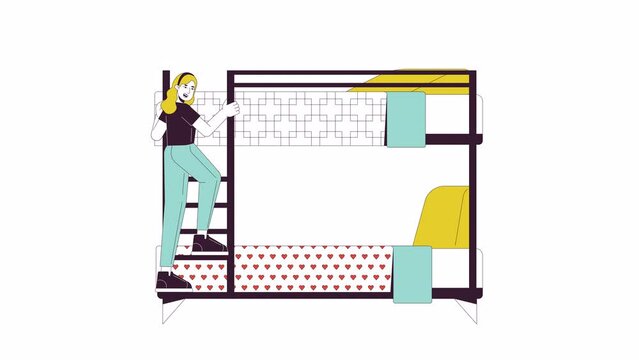 Blonde woman talking on ladder bunkbed line 2D character animation. Student flat color cartoon 4K video, alpha channel. Traveler girl in hostel climbing bunk bed animated person on white background