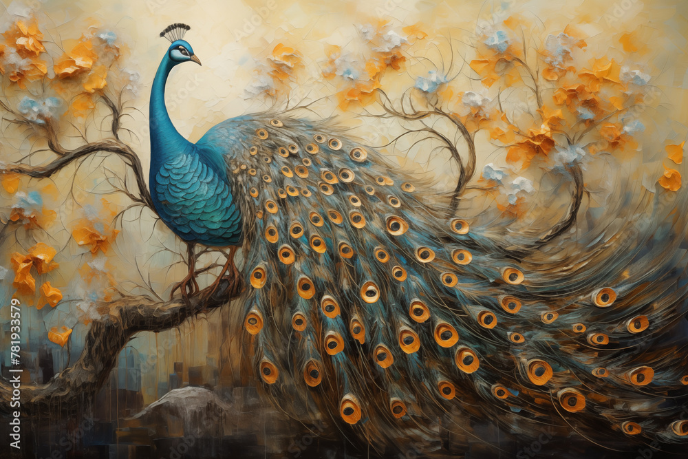 Wall mural modern art colorful peacock painted on a canvas, art design