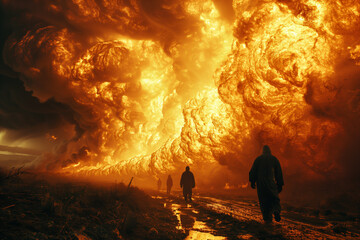 Apocalyptic scene with people and firestorm - obrazy, fototapety, plakaty