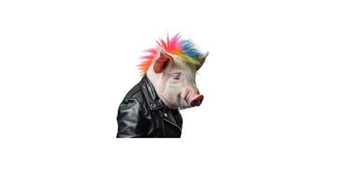  pig with colorful rainbow mohawk hair wearing black leather jacket isolated on white background