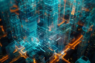 A close-up of holographic blueprints overlaid on a cityscape