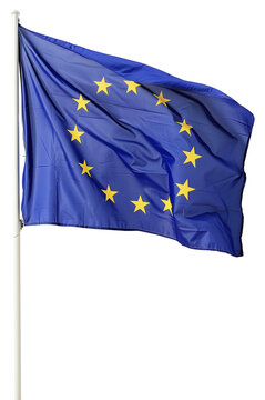 The flag of Europe flutter in the wind on its respective flagpole