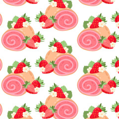 Pattern with creamy strawberry roll on a transparent background. Strawberry roll with cream in flat style. Seamless pattern for textile, wrapping paper, background.