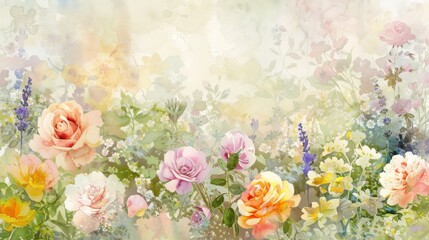 Obraz na płótnie Canvas Enchanting Floral Watercolor Wallpaper with Blooming Roses