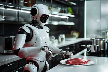 Robot cooking food at home, helper chef on kitchen future. Artificial intelligence technology robot cook, future lifestyle - obrazy, fototapety, plakaty