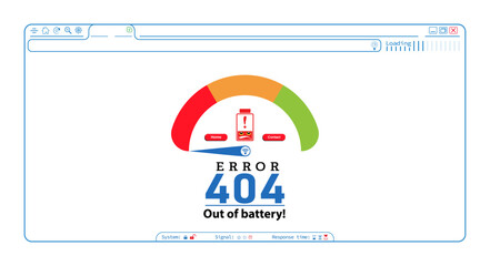 Error 404 abstract website browser design with empty battery. Webpage internet security warning to use for programming, web development, webpage error, error 404 projects. 