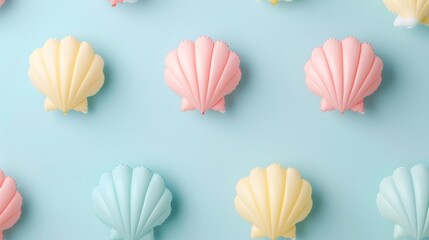 Colorful Seashell Flat Lay on Pastel Blue Background