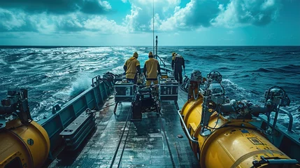 Fotobehang marine crew conducting oceanographic research at sea, working together on the ship's deck surrounded by waves © EverydayStudioArt