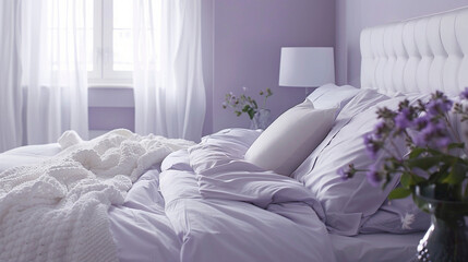 Creating a serene bedroom with walls painted in a soft lavender hue, crisp white bedding, and accents of silver for a tranquil and relaxing atmosphere.