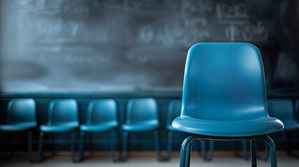 Blue chair against a black chalkboard in school.