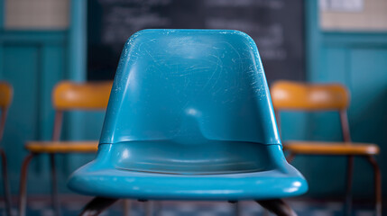 Blue chair against a black chalkboard in school.