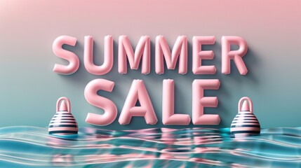 Vibrant Summer Sale Banner with Floating Letters and Striped Buoy Illustration