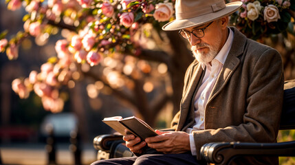 An adult man between 50 and 60 years old is sitting on a bench in a spring blooming park, absorbed in reading a book.
