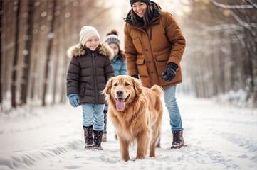 Happy smiling mother and children with labrador dog walking together in the forest on a winter day