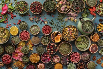 Obraz na płótnie Canvas Herbal Tea Mixes Set Top View Flat Lay on Natural Background. Dry Organic Healthy Tea Leaves, Fruits, Flowers
