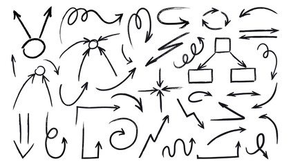 Set isolated hand drawn various black pencil arrows. Crayon markers, pen brush stroke graphic elements. Grunge textured text underline, emphasis mark. Vector illustration