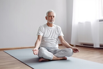 An elderly man is doing yoga asanas or sports exercises for his legs and arms on a sports mat at home. Concept of sports in old age, physiotherapy, rehabilitation. Home workouts.