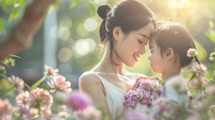 Asian mother hugs her little daughter - obrazy, fototapety, plakaty