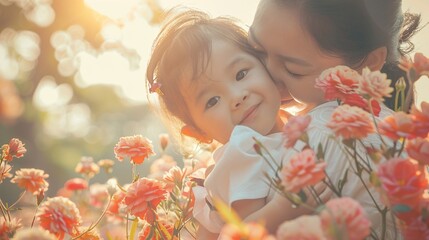 Asian mother hugs her little daughter