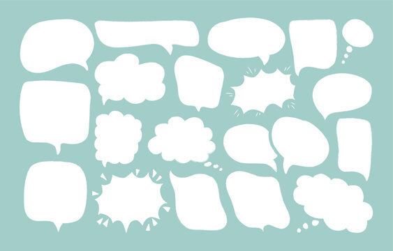 Set white speech bubbles isolated on blue background. Hand drawn different doodle talk balloons with grunge crayon texture. Empty thought and text clouds. Chat communication sign.