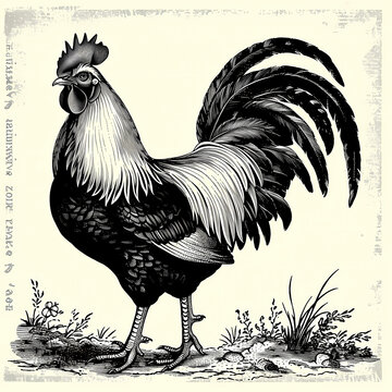 Black and white illustration of rooster. Vintage style.