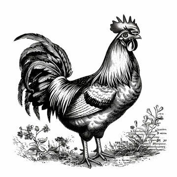 Black and white illustration of rooster. Vintage style.