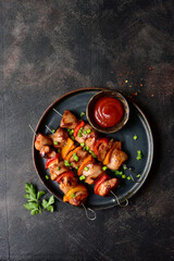 Grilled chicken kebab. Top view with copy space. - 781936537