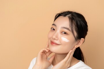 Radiant Young Woman Applying Moisturizer on Flawless Skin