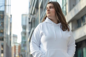 Fototapeta premium Confident Young Woman in White Hoodie Urban Setting