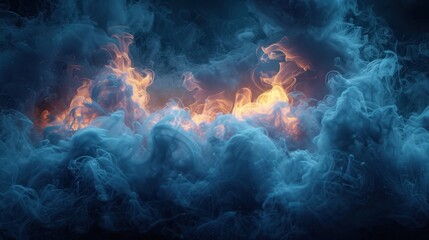 Blue smoke swirling against a dark, muted background. - obrazy, fototapety, plakaty