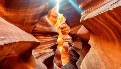 Light beams and orange and red sandstone rock formations in a narrow canyon, Upper Antelope Canyon, Arizona, USA. Generative Ai. - Powered by Adobe