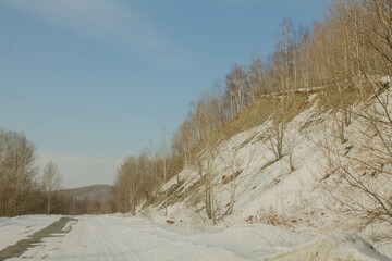 Winter landscape. The road in the winter forest. Winter road.