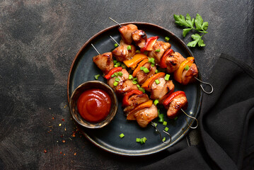 Grilled chicken kebab. Top view with copy space. - 781936998