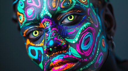 included bold and contrasting colors, such as neon greens, blues, and purples, applied in dynamic patterns across his face. He often incorporated abstract shapes, swirls, and tribal-inspired motifs