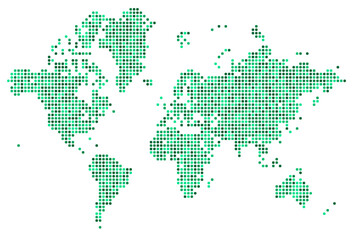 Fototapeta na wymiar Schematic grainy world map image with continents in green eco style. Global world atlas in halftone dotted design. Simple dotted vector isolated on white background