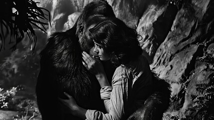 Interwoven with scenes of man and his lover are shots of a wild and untamed gorilla, symbolizing the primal and instinctual nature of their attraction. The imagery is bold and provocative. - obrazy, fototapety, plakaty