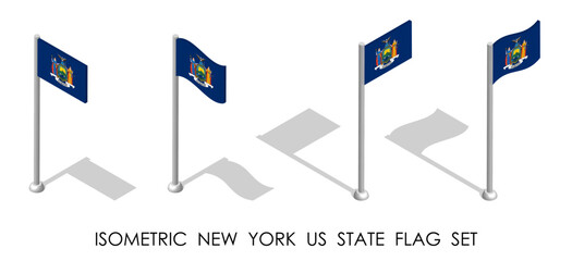 Isometric New York US state in static position and in motion on flagpole. New York map pin mark. 3d vector isolated on white background