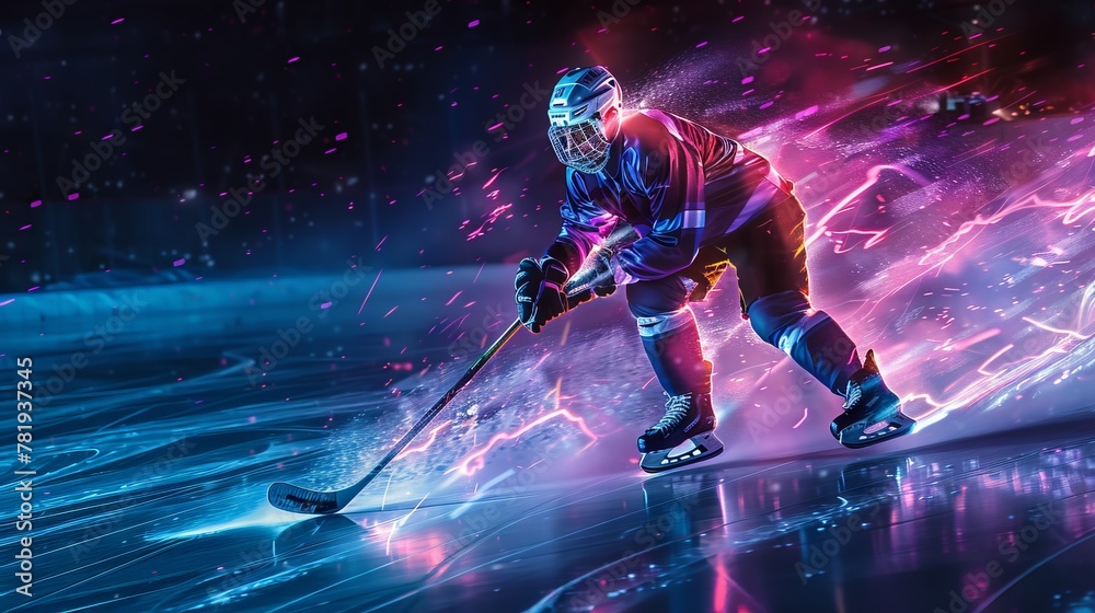 Wall mural Hockey player in a neon chase, action and speed frozen on a dark rink