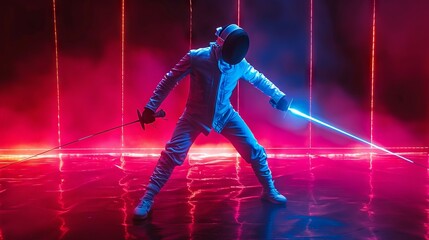 Fencer's lunge illuminated in neon, a duel of light and shadow on black - obrazy, fototapety, plakaty