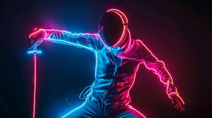 Fencer's lunge illuminated in neon, a duel of light and shadow on black - obrazy, fototapety, plakaty
