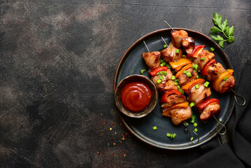 Grilled chicken kebab. Top view with copy space. - 781937364