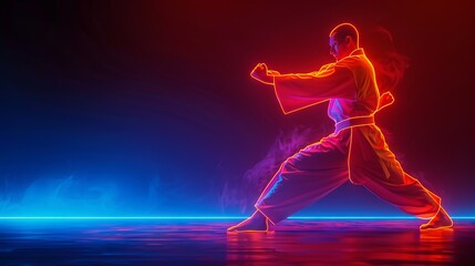 Martial artist striking a pose, neon and shadow play on black, action captured