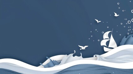 Night Ocean Scene with Paper Cut Waves and Flying Birds